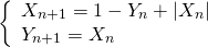 \[ \left\{ \begin{array}{ll} X_{n+1} = 1 - Y_n + |X_n| \\ Y_{n+1} = X_n \end{array} \]